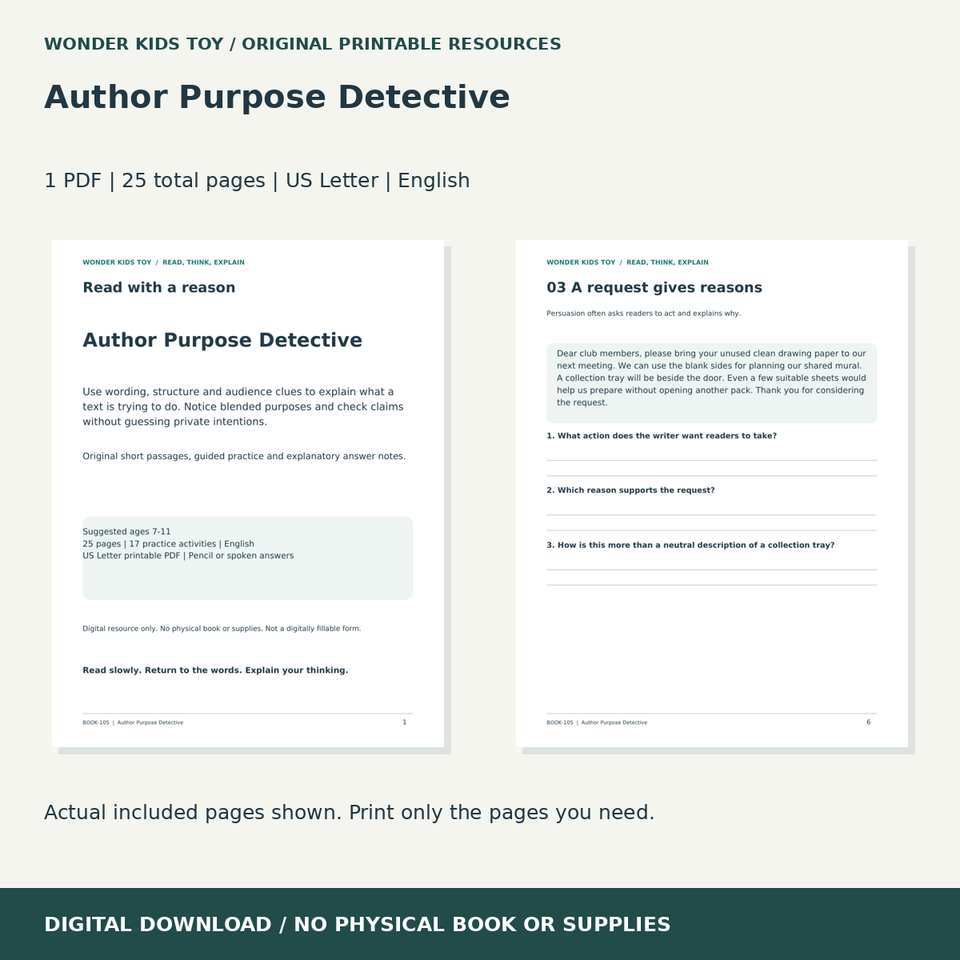 Author Purpose Detective: actual included PDF previews, 25 total pages, US Letter digital download
