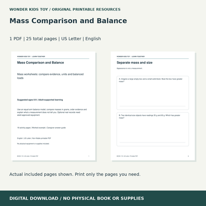 Mass Comparison and Balance: actual included PDF previews, 25 total pages, US Letter digital download