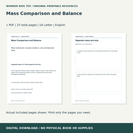 Mass Comparison and Balance: actual included PDF previews, 25 total pages, US Letter digital download