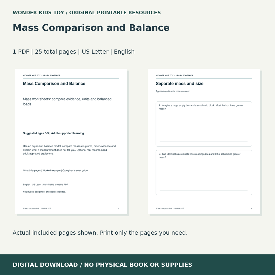 Mass Comparison and Balance: actual included PDF previews, 25 total pages, US Letter digital download