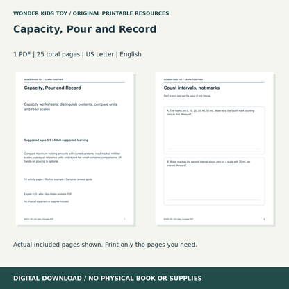 Capacity, Pour and Record: actual included PDF previews, 25 total pages, US Letter digital download