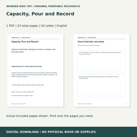 Capacity, Pour and Record: actual included PDF previews, 25 total pages, US Letter digital download