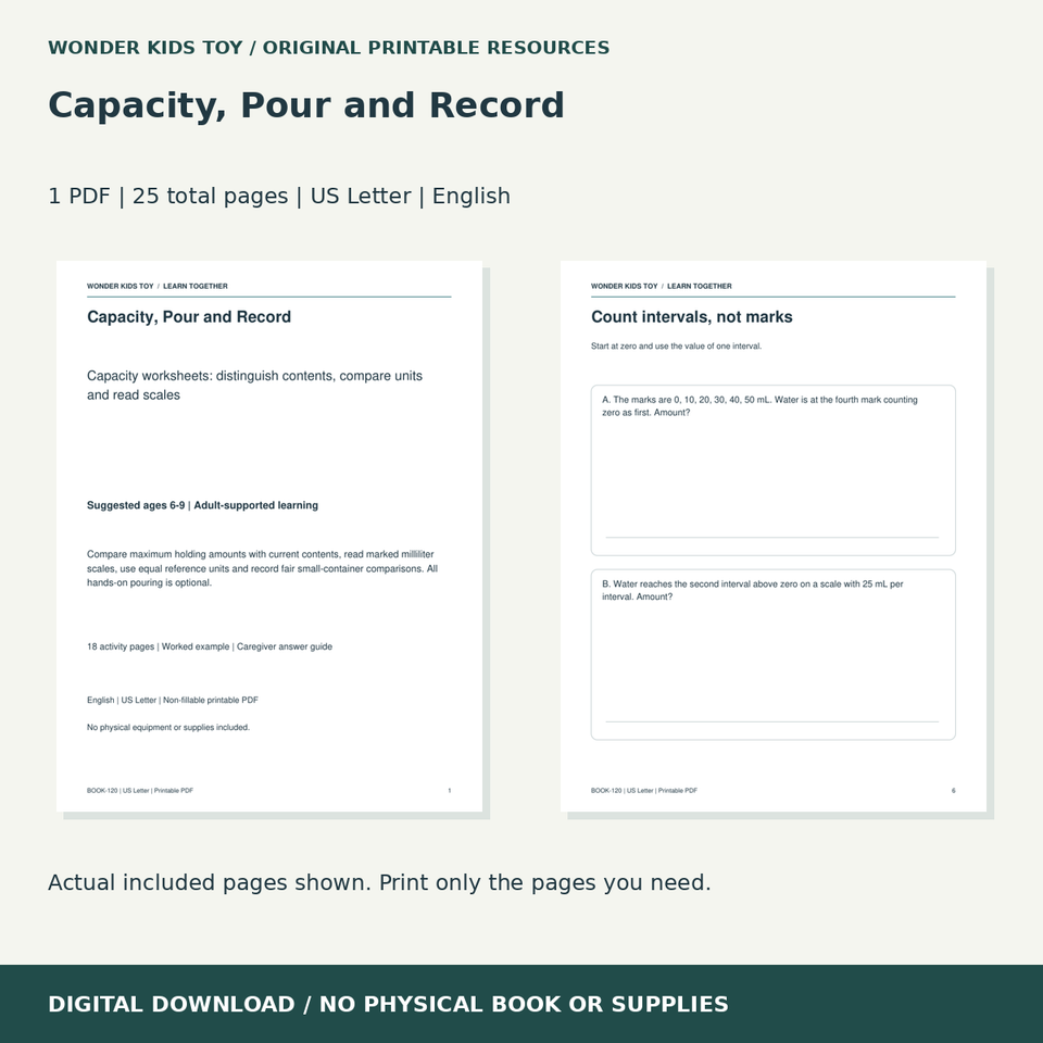 Capacity, Pour and Record: actual included PDF previews, 25 total pages, US Letter digital download