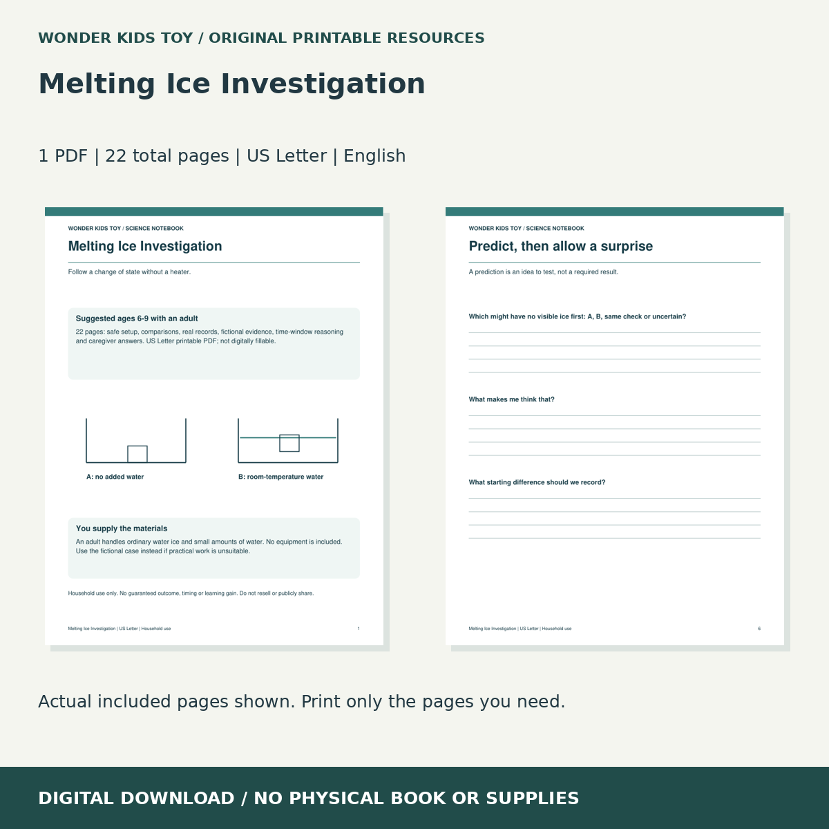 Melting Ice Investigation: actual included PDF previews, 22 total pages, US Letter digital download