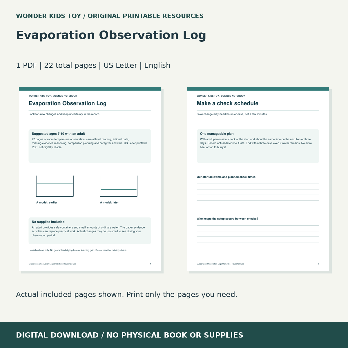 Evaporation Observation Log: actual included PDF previews, 22 total pages, US Letter digital download