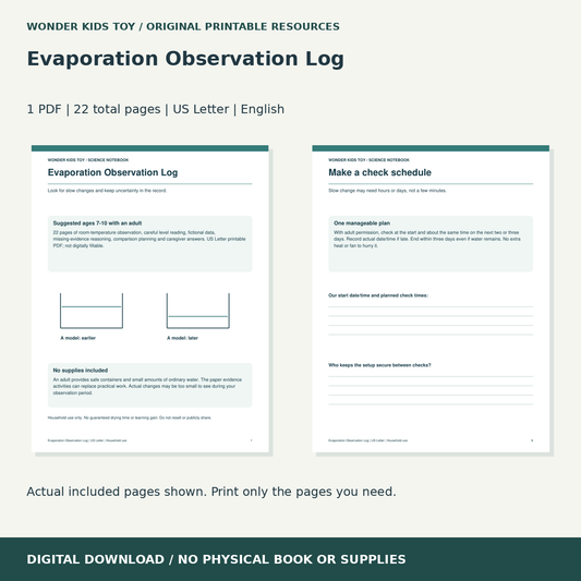 Evaporation Observation Log: actual included PDF previews, 22 total pages, US Letter digital download