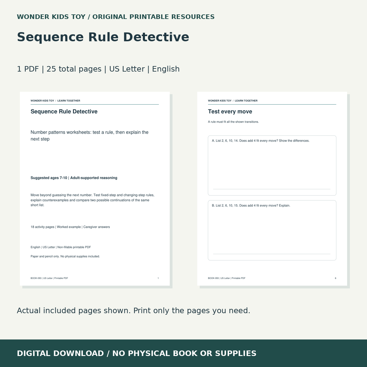 Sequence Rule Detective: actual included PDF previews, 25 total pages, US Letter digital download