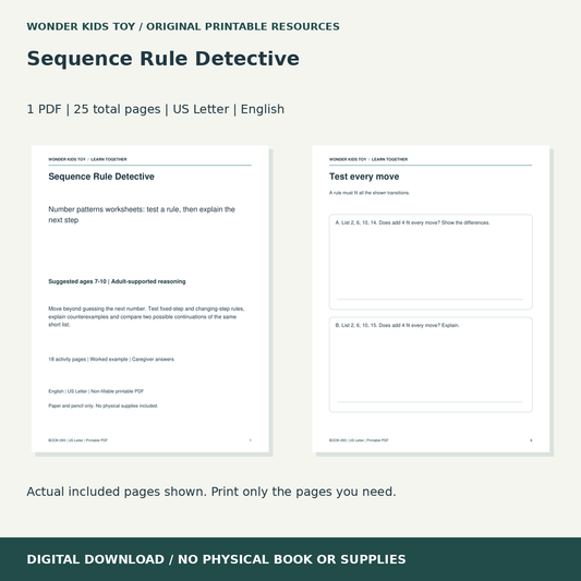 Sequence Rule Detective: actual included PDF previews, 25 total pages, US Letter digital download
