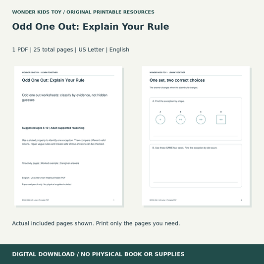 Odd One Out: Explain Your Rule: actual included PDF previews, 25 total pages, US Letter digital download