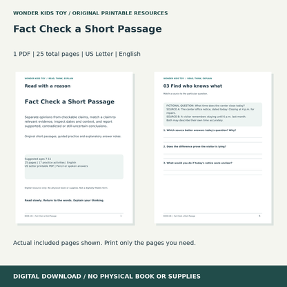 Fact Check a Short Passage: actual included PDF previews, 25 total pages, US Letter digital download
