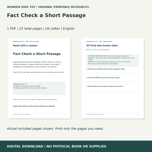 Fact Check a Short Passage: actual included PDF previews, 25 total pages, US Letter digital download