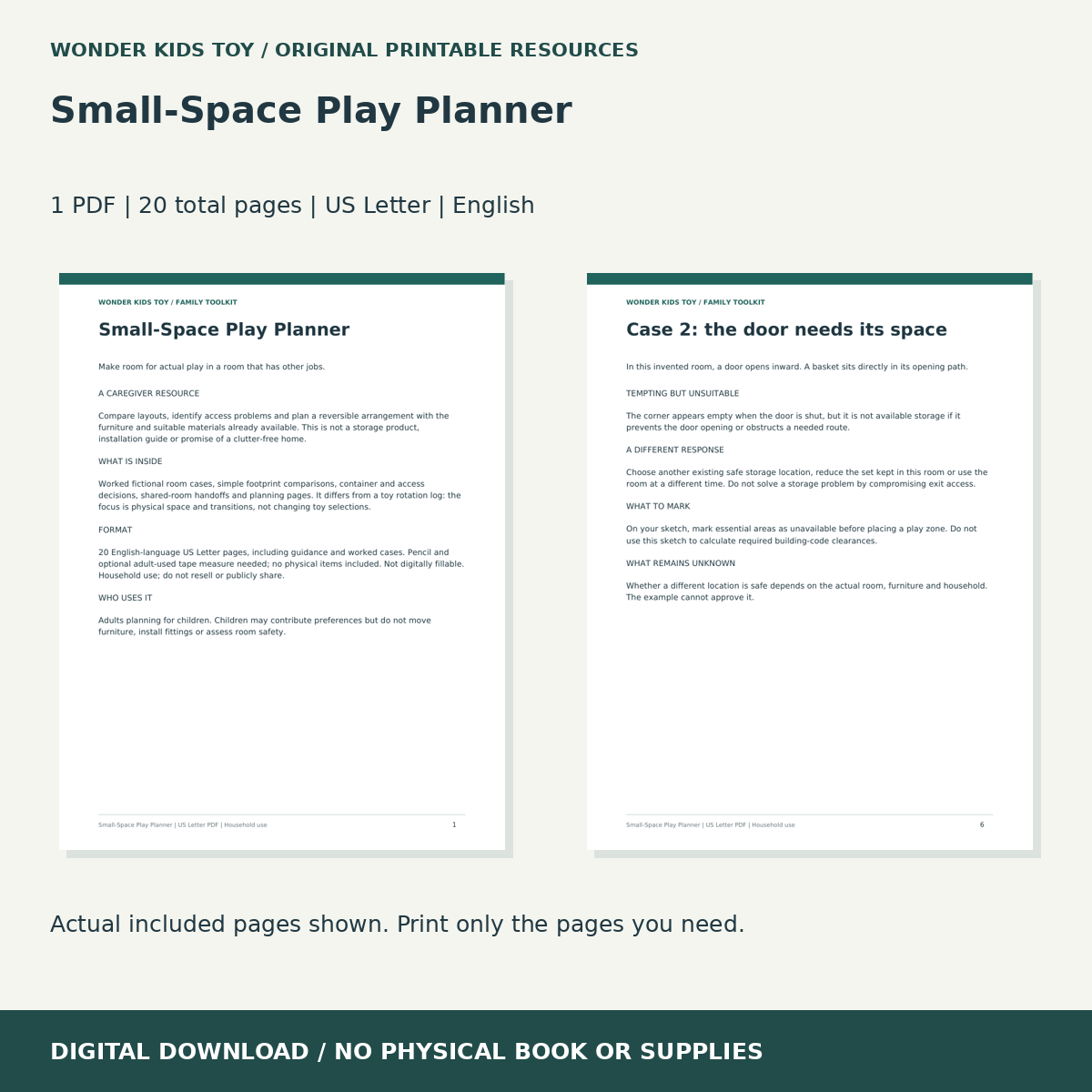 Small-Space Play Planner: actual included PDF previews, 20 total pages, US Letter digital download