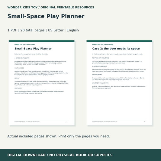 Small-Space Play Planner: actual included PDF previews, 20 total pages, US Letter digital download