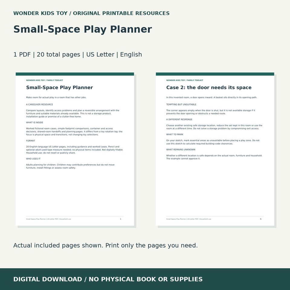 Small-Space Play Planner: actual included PDF previews, 20 total pages, US Letter digital download