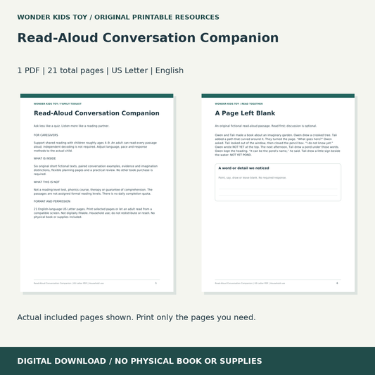 Read-Aloud Conversation Companion: actual included PDF previews, 21 total pages, US Letter digital download
