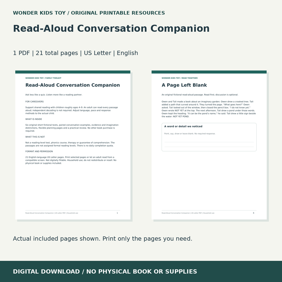Read-Aloud Conversation Companion: actual included PDF previews, 21 total pages, US Letter digital download