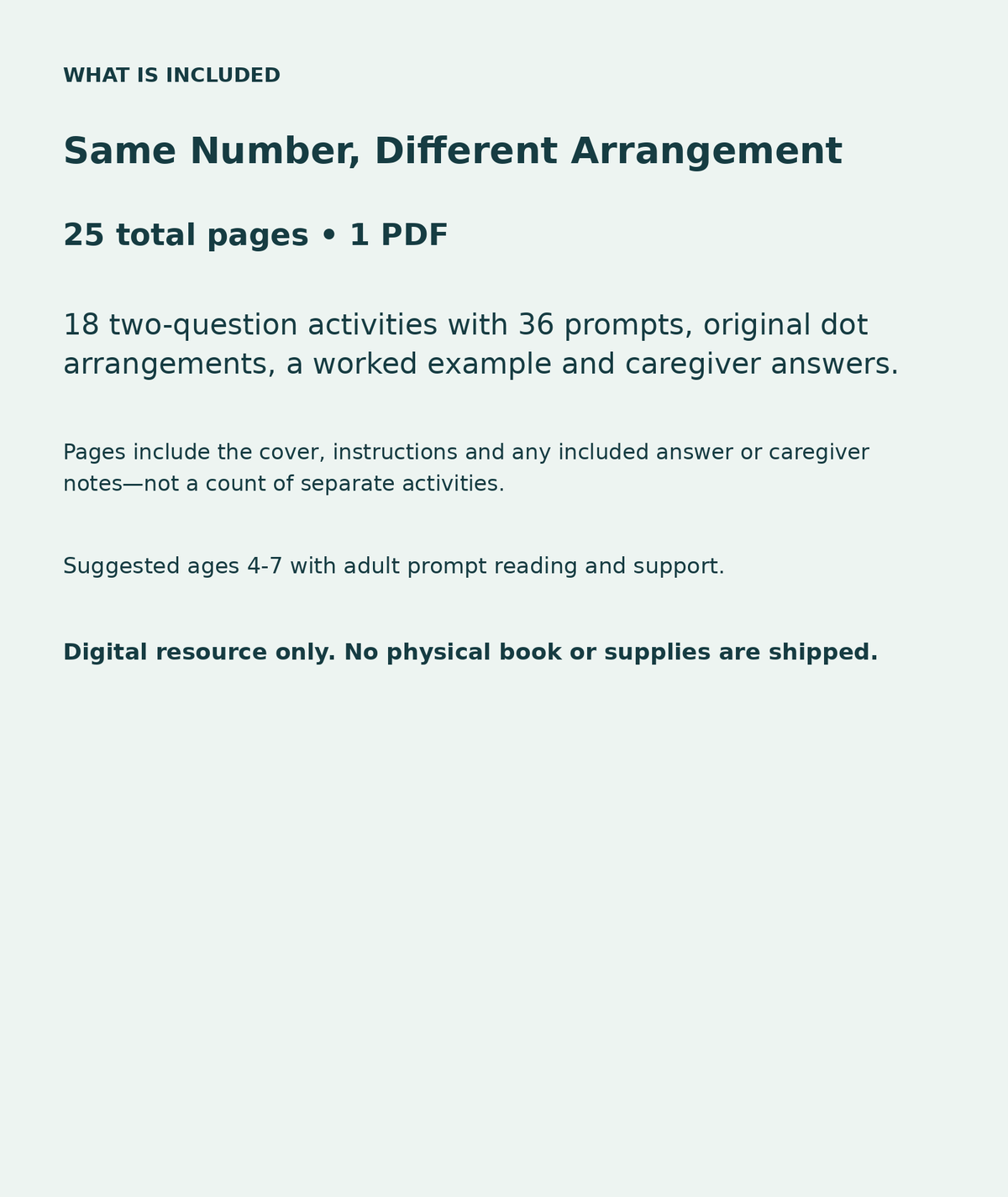 Same Number, Different Arrangement: contents overview, 25 total pages in one PDF; 18 two-question activities with 36 prompts, original dot arrangements, a worked example and caregiver answers.