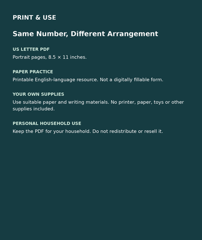 Same Number, Different Arrangement: US Letter English printable PDF, not fillable; own supplies required; personal household use