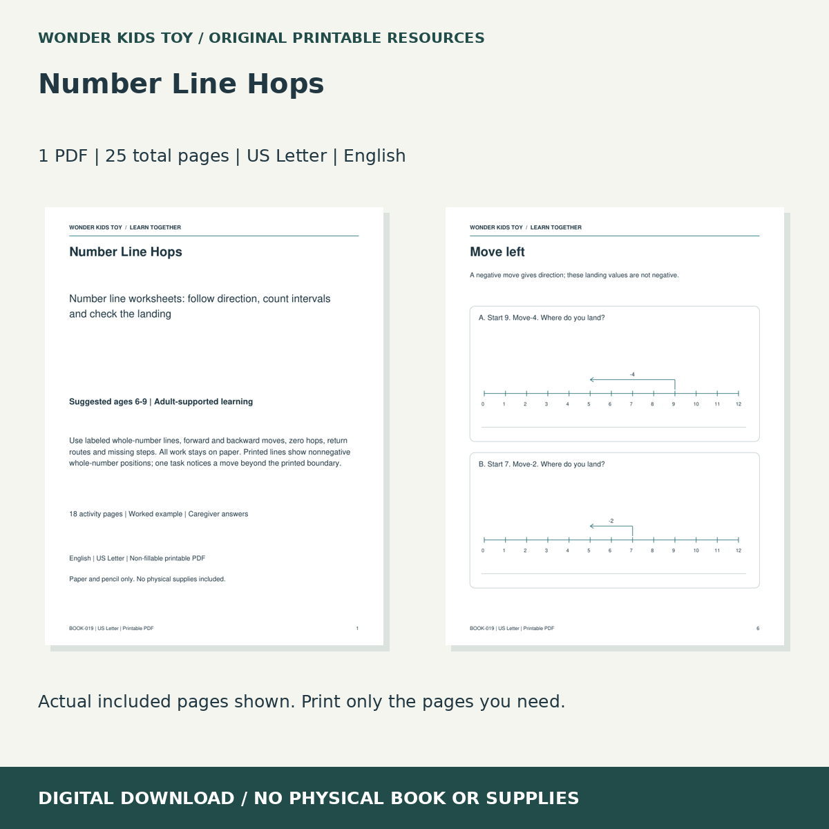 Number Line Hops: actual included PDF previews, 25 total pages, US Letter digital download
