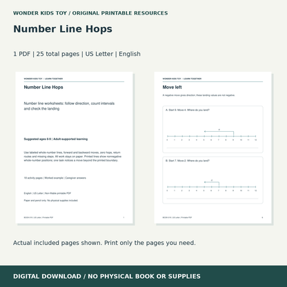 Number Line Hops: actual included PDF previews, 25 total pages, US Letter digital download