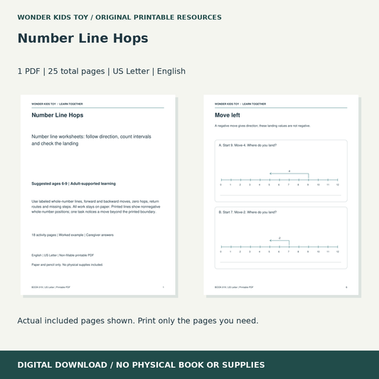 Number Line Hops: actual included PDF previews, 25 total pages, US Letter digital download