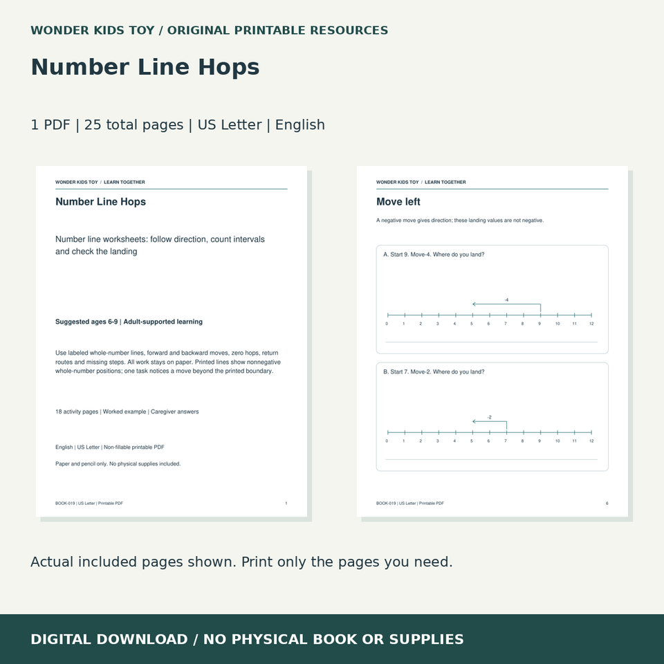 Number Line Hops: actual included PDF previews, 25 total pages, US Letter digital download