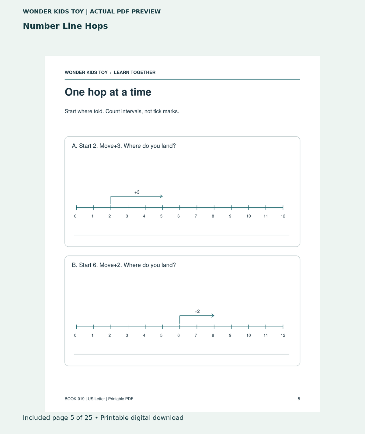 Number Line Hops: actual included PDF page 5 of 25, readable interior preview