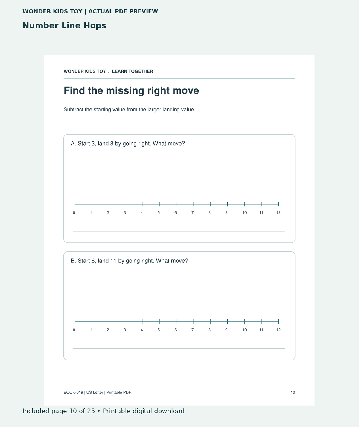Number Line Hops: actual included PDF page 10 of 25, readable interior preview