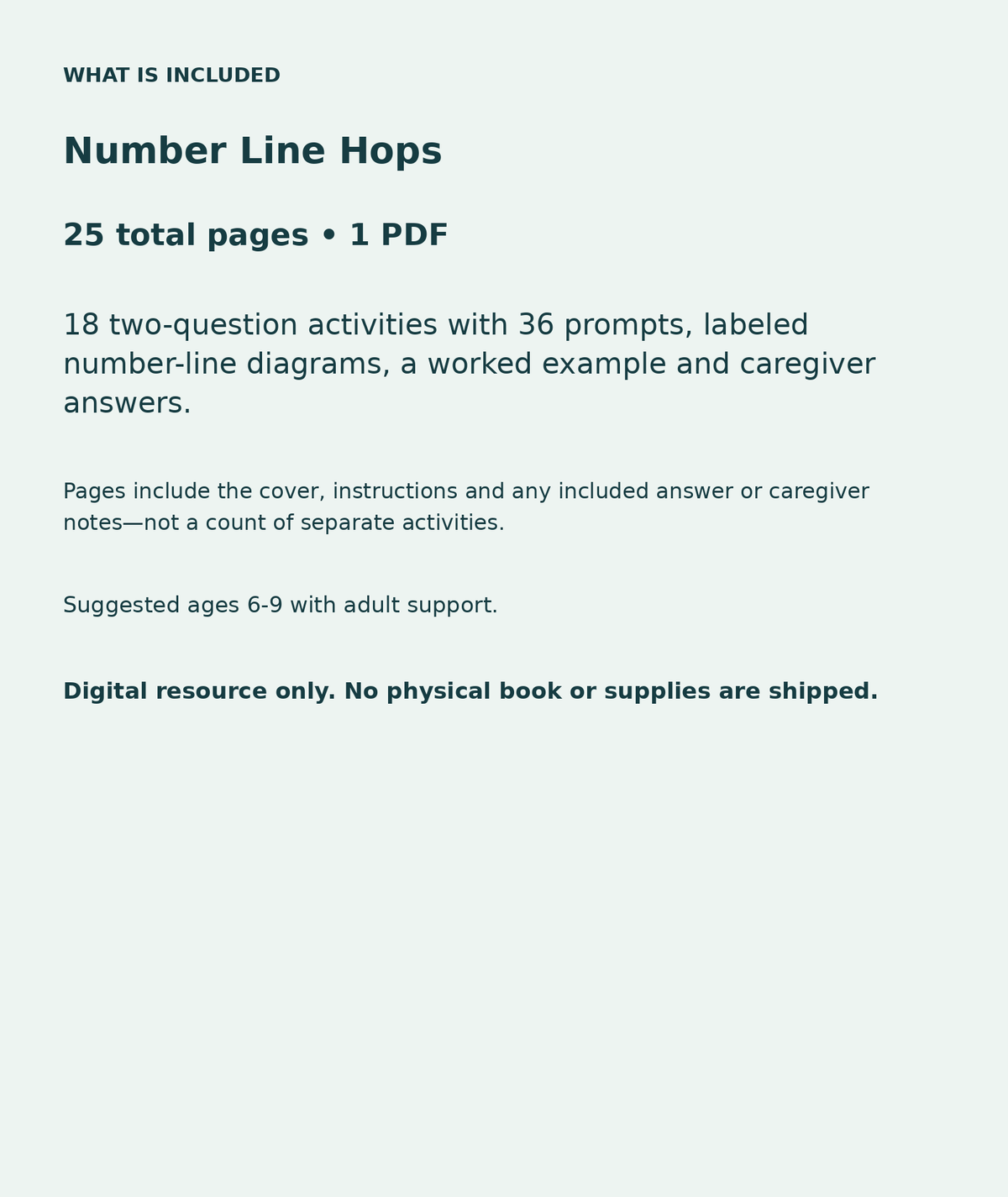 Number Line Hops: contents overview, 25 total pages in one PDF; 18 two-question activities with 36 prompts, labeled number-line diagrams, a worked example and caregiver answers.