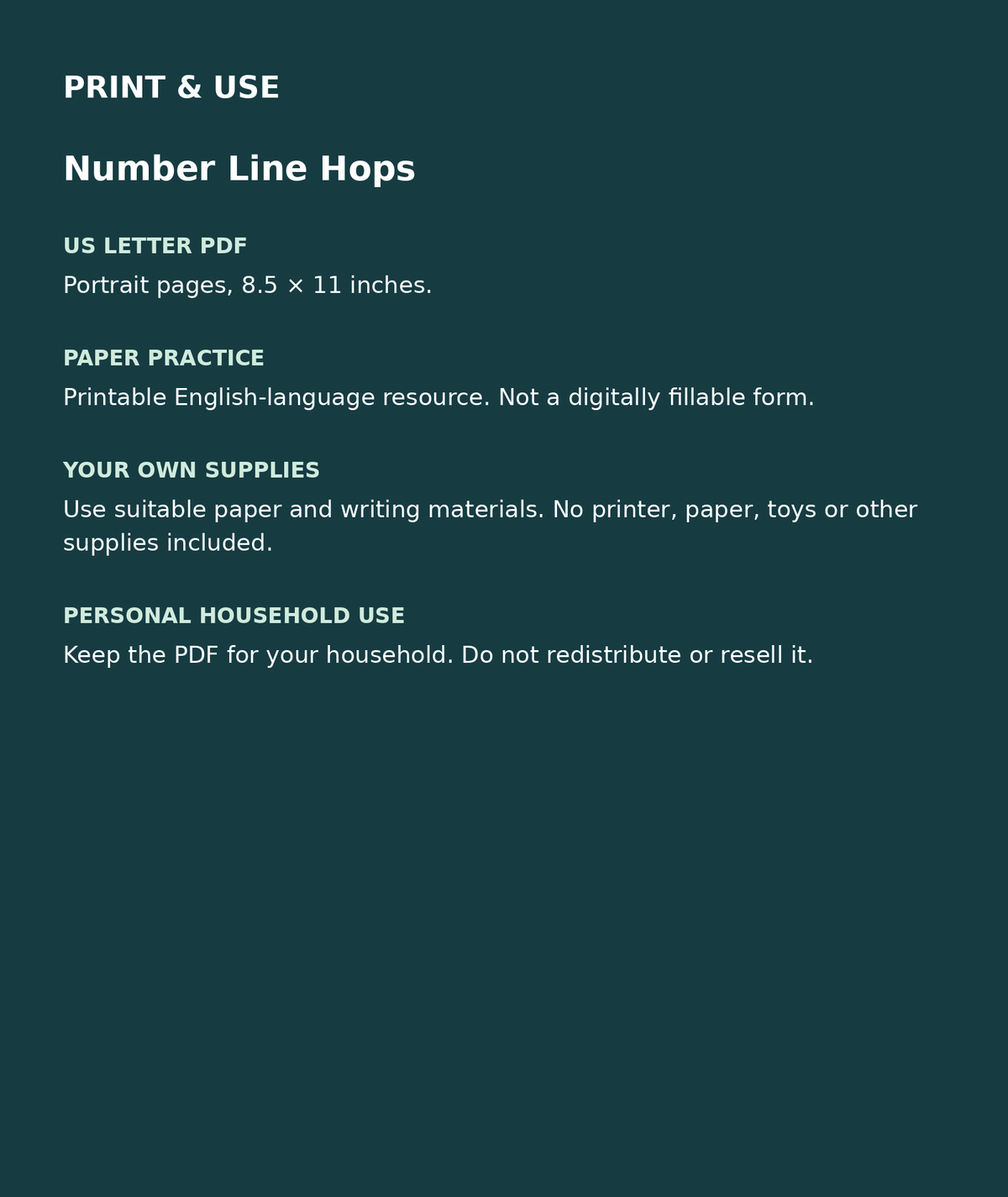 Number Line Hops: US Letter English printable PDF, not fillable; own supplies required; personal household use