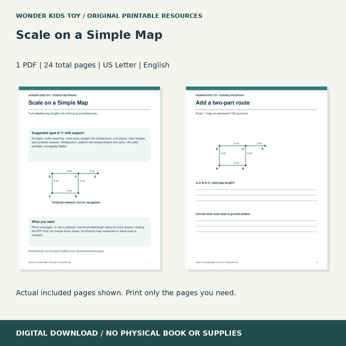 Scale on a Simple Map: actual included PDF previews, 24 total pages, US Letter digital download