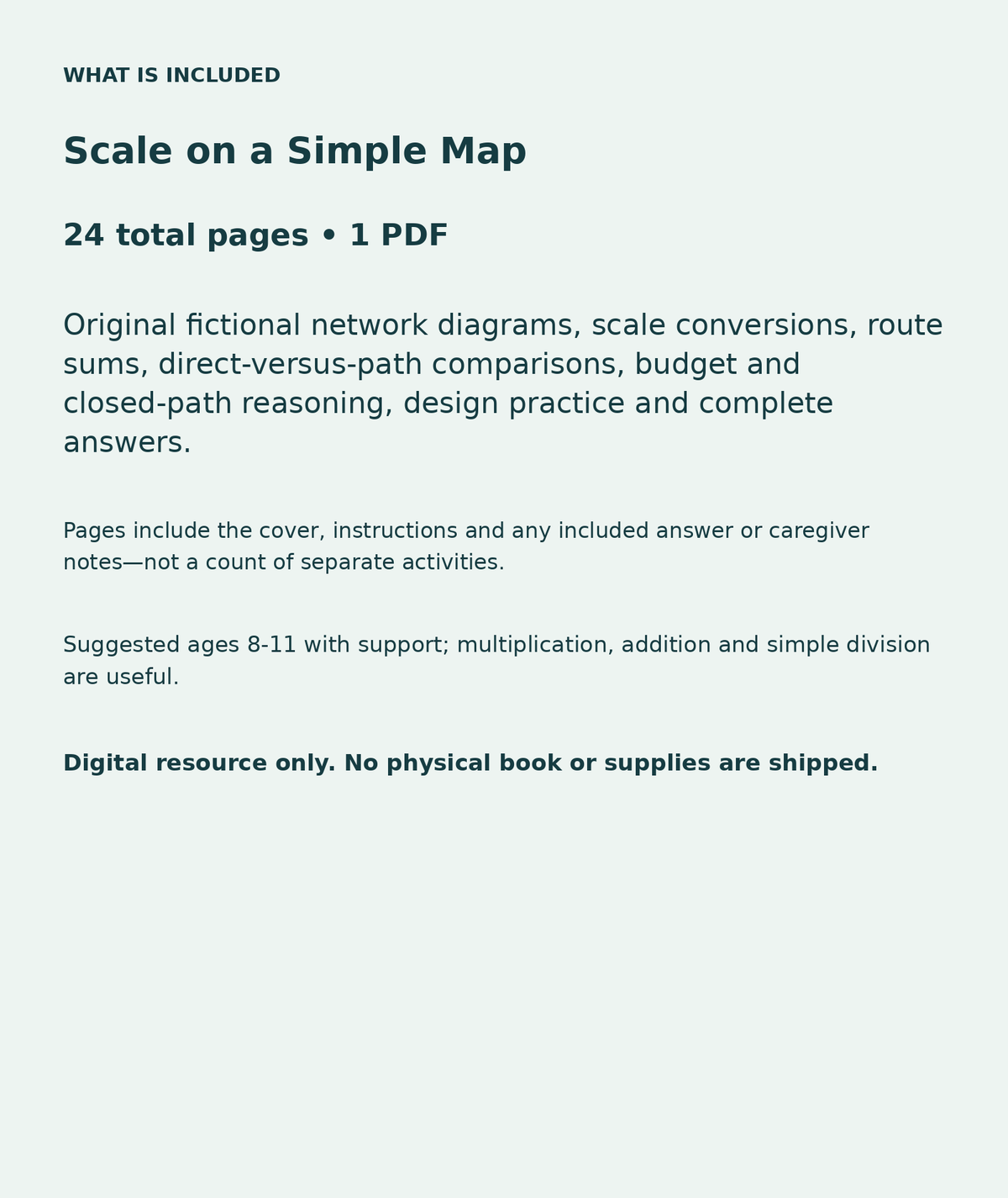 Scale on a Simple Map: contents overview, 24 total pages in one PDF; Original fictional network diagrams, scale conversions, route sums, direct-versus-path comparisons, budget and closed-path reasoning, design practice and complete answers.