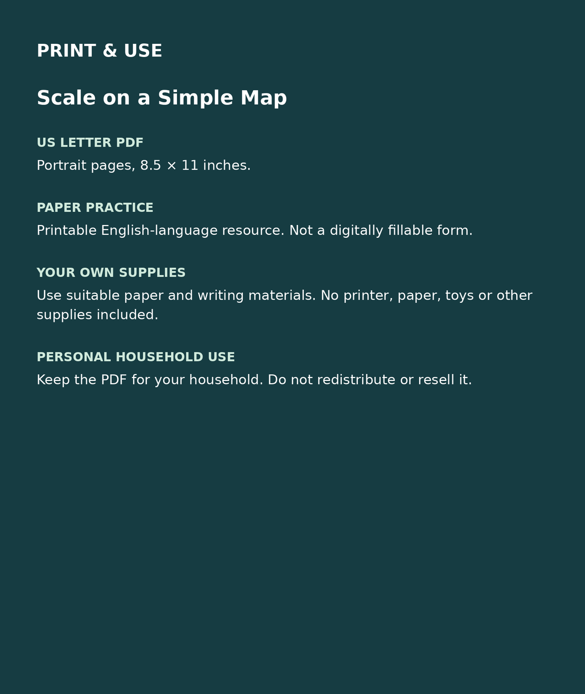 Scale on a Simple Map: US Letter English printable PDF, not fillable; own supplies required; personal household use