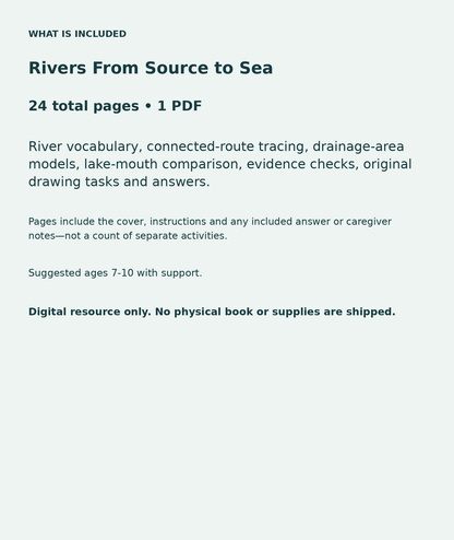 Rivers From Source to Sea: contents overview, 24 total pages in one PDF; River vocabulary, connected-route tracing, drainage-area models, lake-mouth comparison, evidence checks, original drawing tasks and answers.
