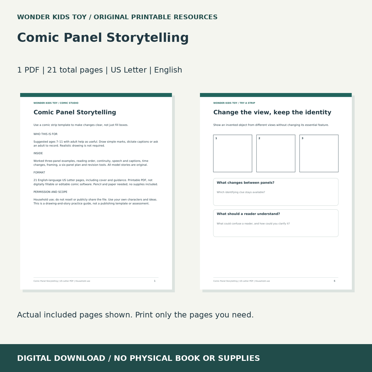 Comic Panel Storytelling: actual included PDF previews, 21 total pages, US Letter digital download