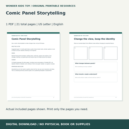 Comic Panel Storytelling: actual included PDF previews, 21 total pages, US Letter digital download