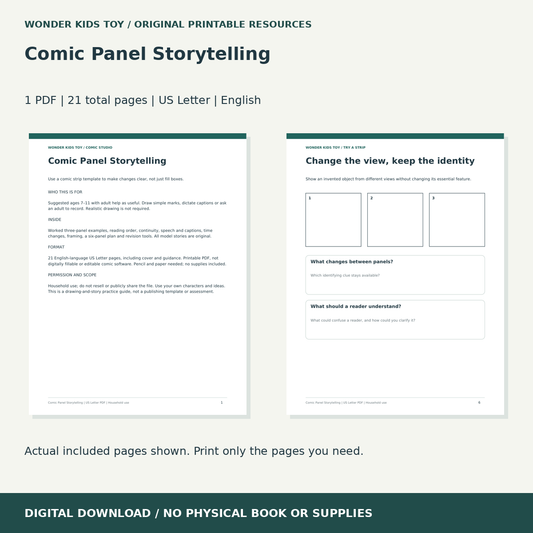 Comic Panel Storytelling: actual included PDF previews, 21 total pages, US Letter digital download