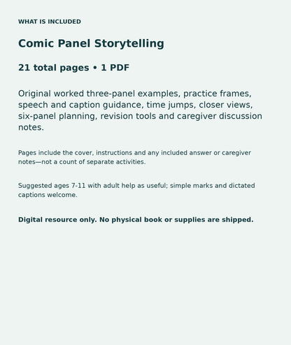 Comic Panel Storytelling: contents overview, 21 total pages in one PDF; Original worked three-panel examples, practice frames, speech and caption guidance, time jumps, closer views, six-panel planning, revision tools and caregiver discussion notes.