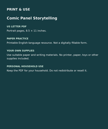 Comic Panel Storytelling: US Letter English printable PDF, not fillable; own supplies required; personal household use