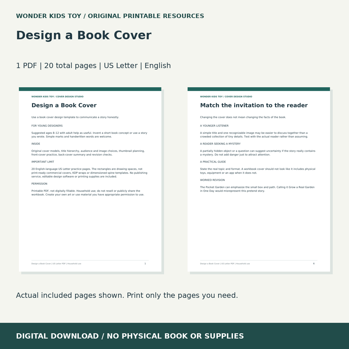 Design a Book Cover: actual included PDF previews, 20 total pages, US Letter digital download