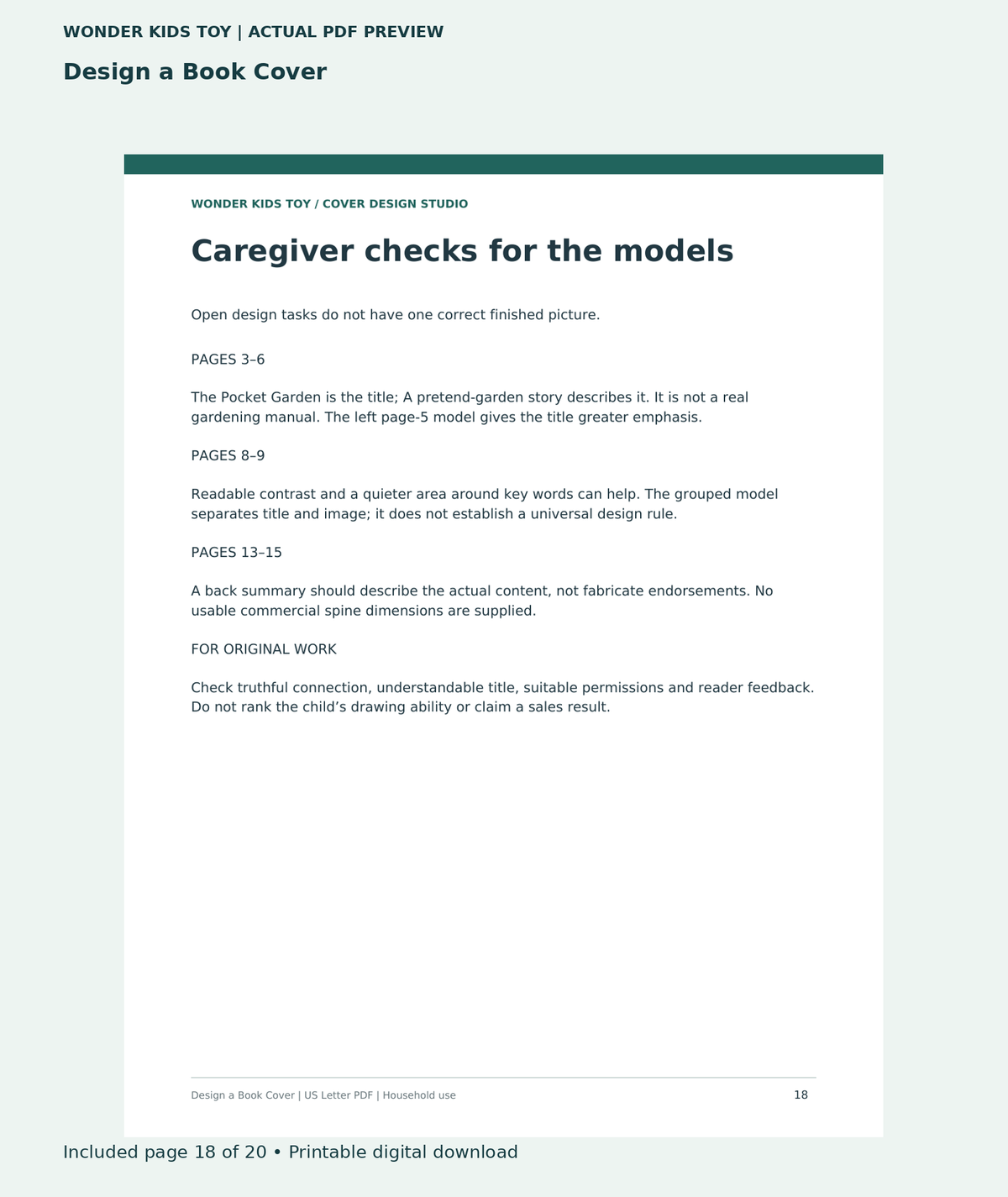 Design a Book Cover: actual included PDF page 18 of 20, readable interior preview