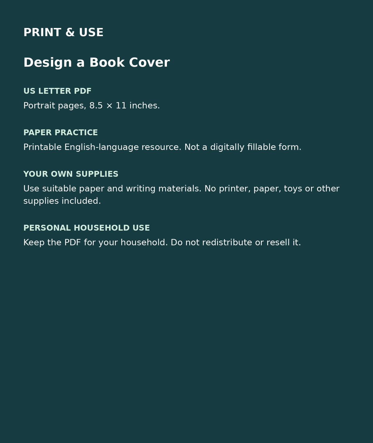 Design a Book Cover: US Letter English printable PDF, not fillable; own supplies required; personal household use