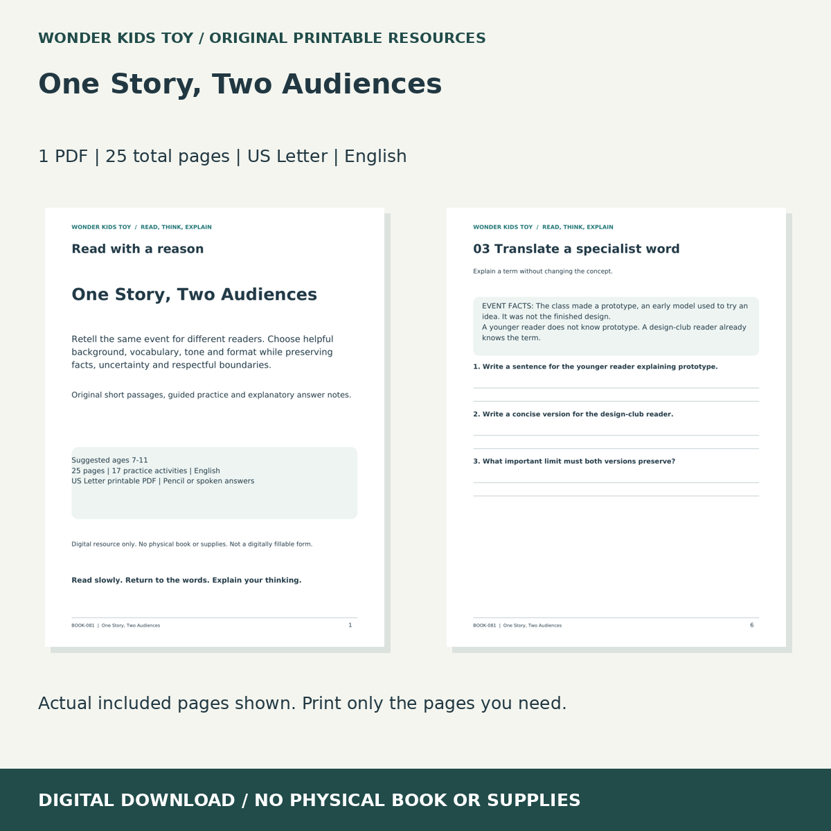 One Story, Two Audiences: actual included PDF previews, 25 total pages, US Letter digital download