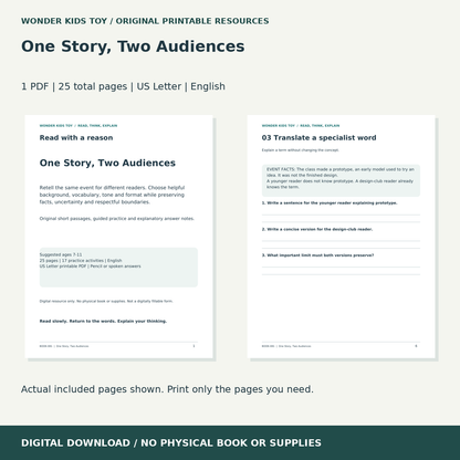 One Story, Two Audiences: actual included PDF previews, 25 total pages, US Letter digital download