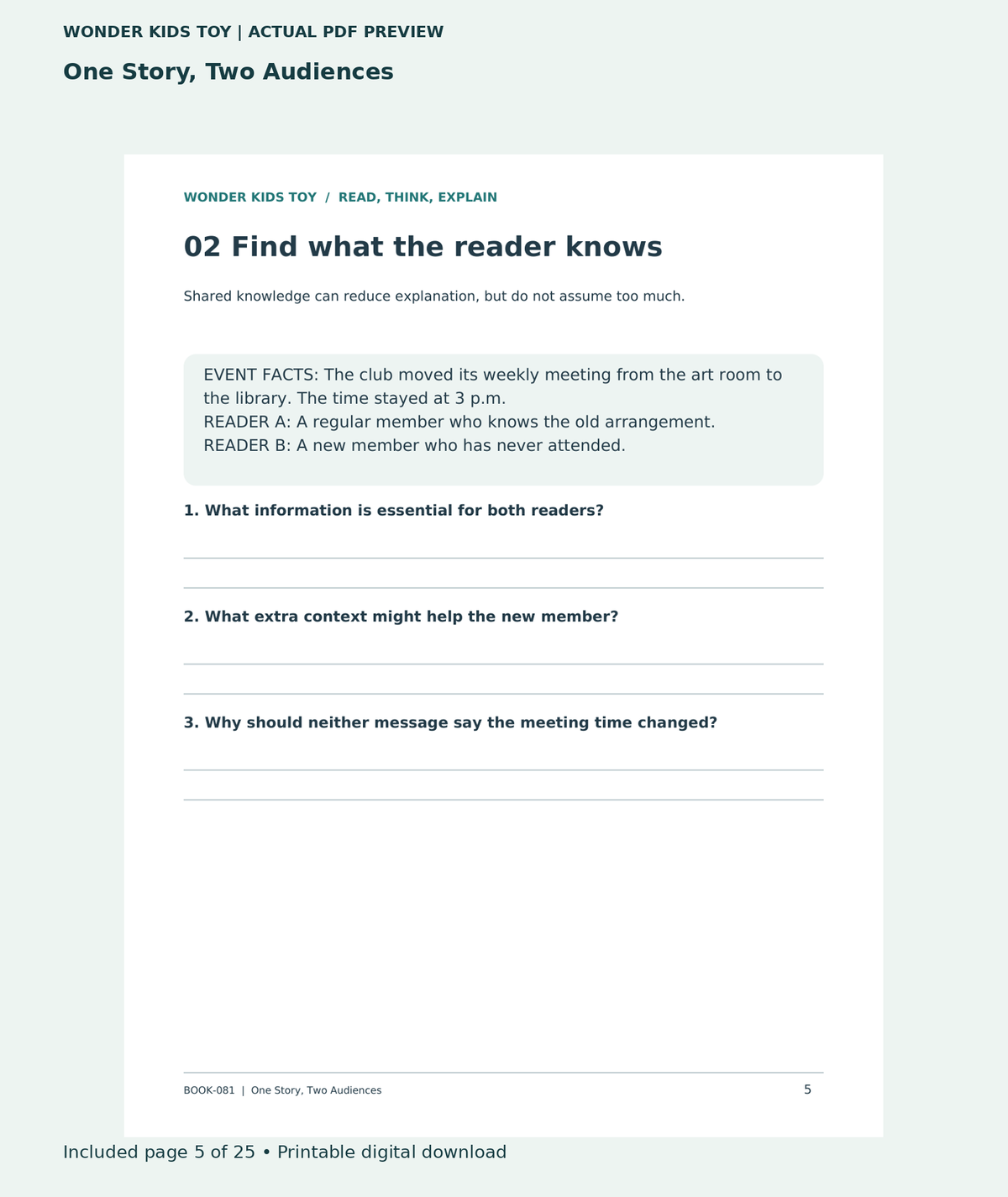 One Story, Two Audiences: actual included PDF page 5 of 25, readable interior preview