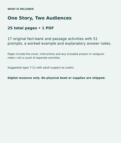 One Story, Two Audiences: contents overview, 25 total pages in one PDF; 17 original fact-bank and passage activities with 51 prompts, a worked example and explanatory answer notes.