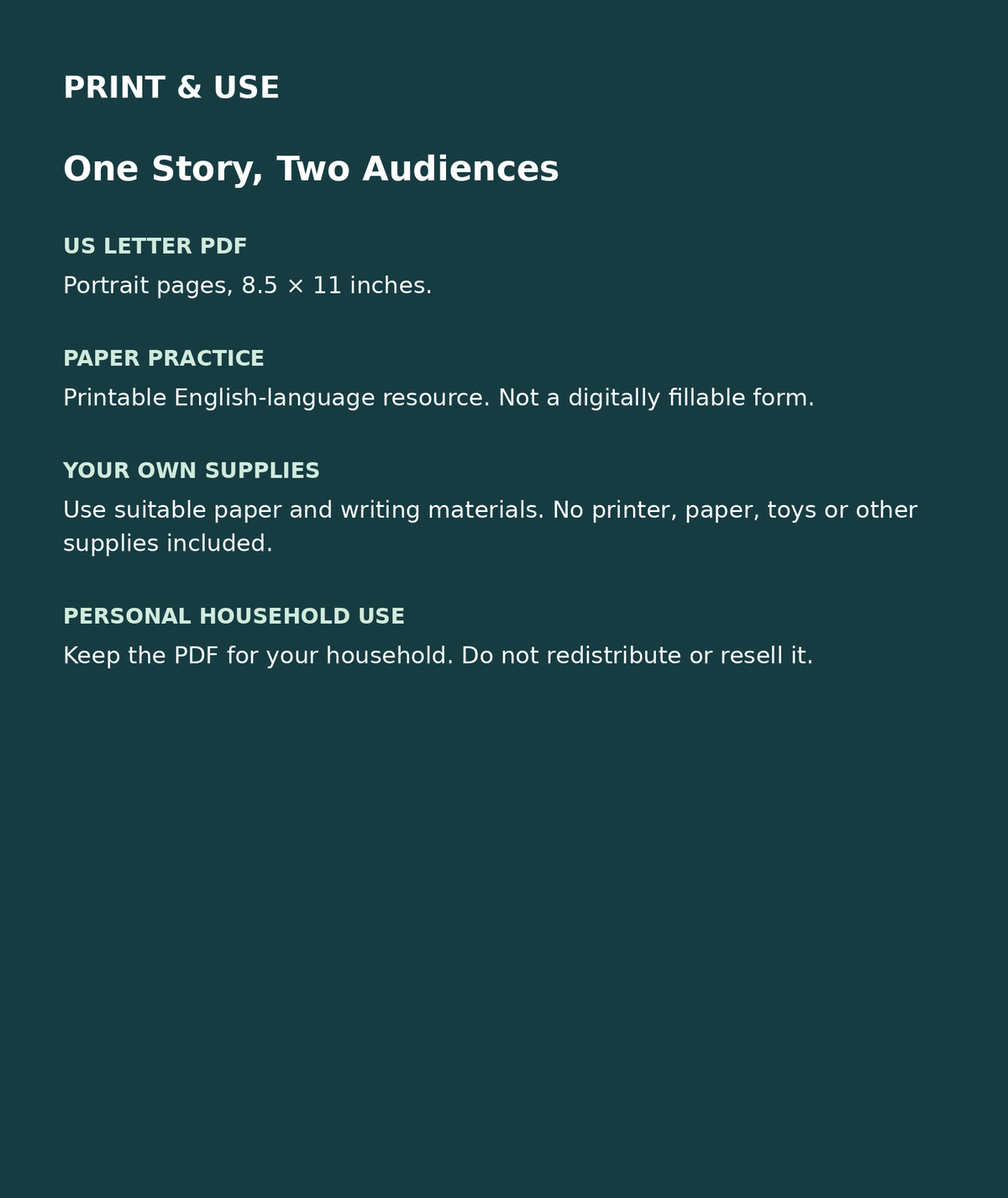 One Story, Two Audiences: US Letter English printable PDF, not fillable; own supplies required; personal household use