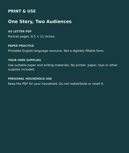 One Story, Two Audiences: US Letter English printable PDF, not fillable; own supplies required; personal household use