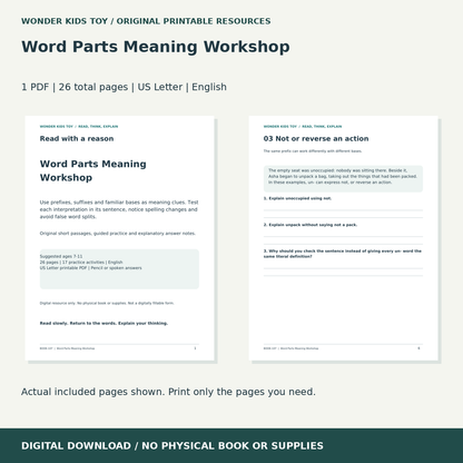 Word Parts Meaning Workshop: actual included PDF previews, 26 total pages, US Letter digital download