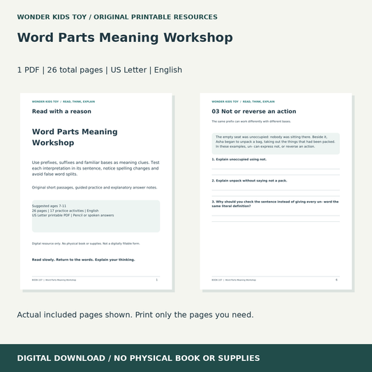 Word Parts Meaning Workshop: actual included PDF previews, 26 total pages, US Letter digital download